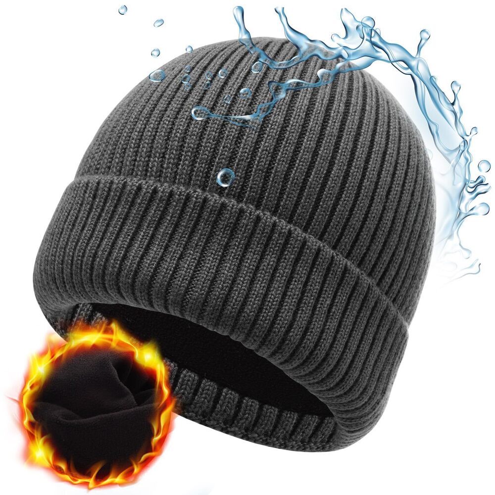 3394 Merino Wool Unisex Waterproof Cold Weather Roll Cuff Beanie Dark Grey